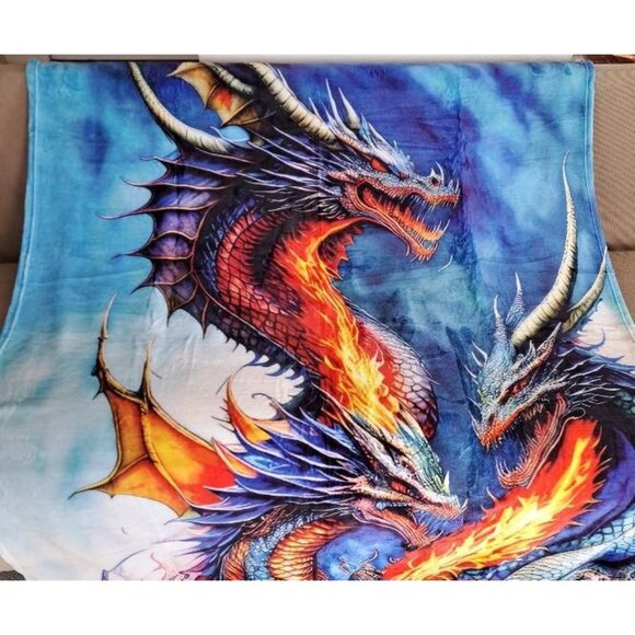 New Three Headed Dragon Plush Throw Blanket Mystical Gift Chinese Dragons SOFT - Picture 2 of 6